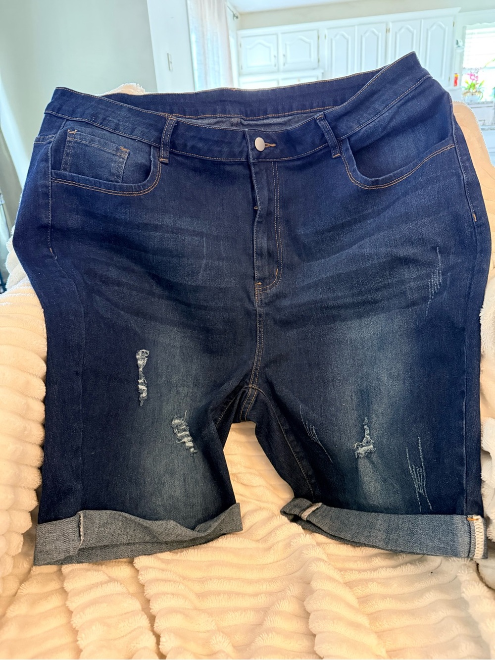 Dark Blue Distressed Denim Bermuda Shorts